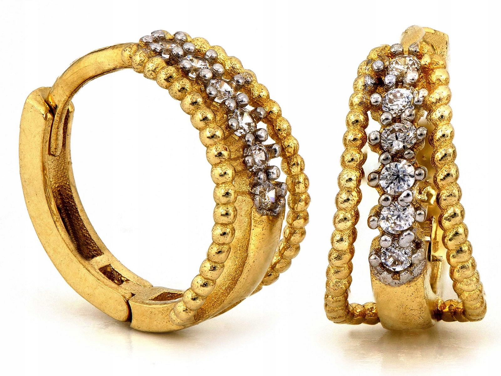 Náušnice zlaté 585, prolamované, rozšířené kroužky se zirkony 1.55 jako dárek