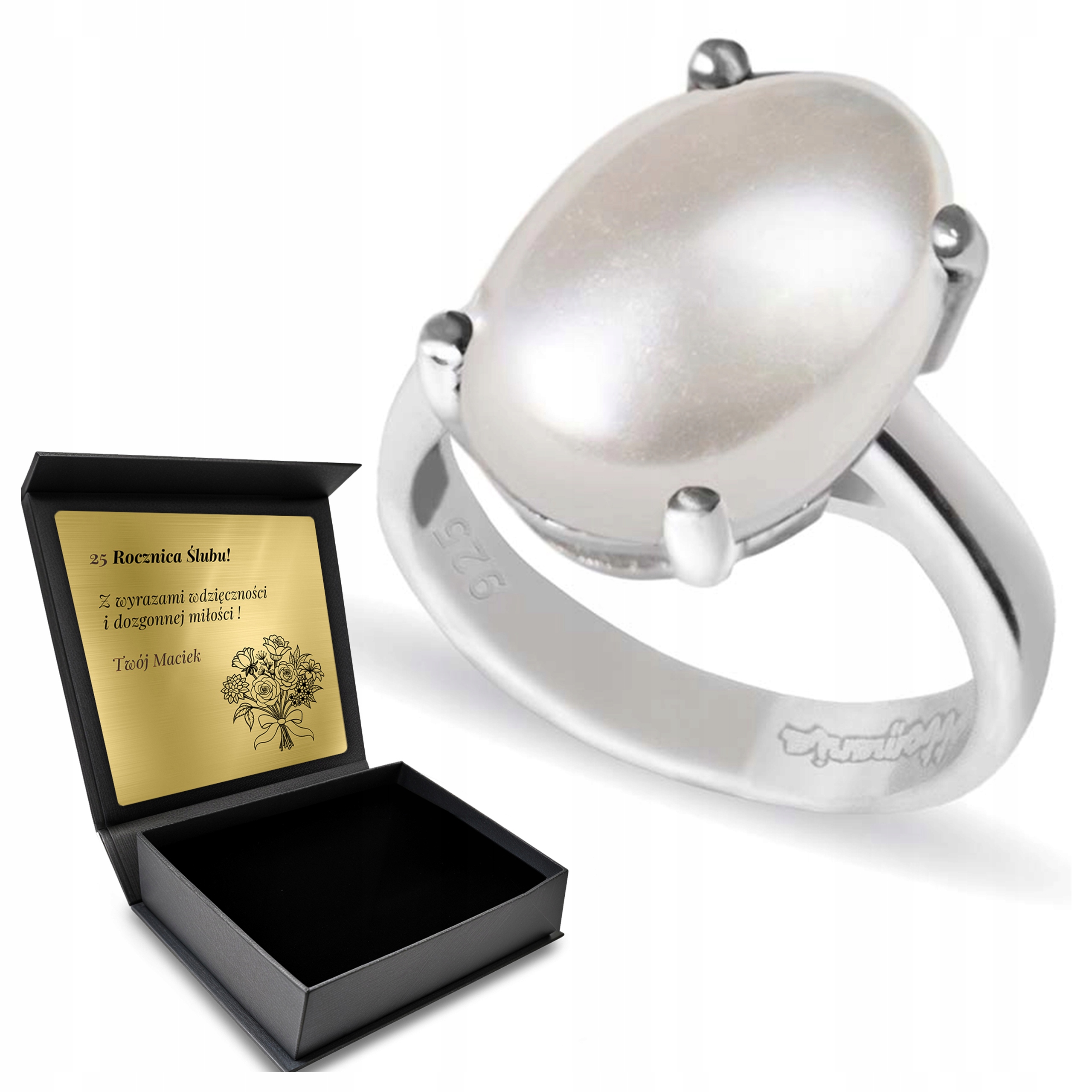 Prstýnek 925 Perla Krásná Dárek k Valentýnu Gravírování Bonus