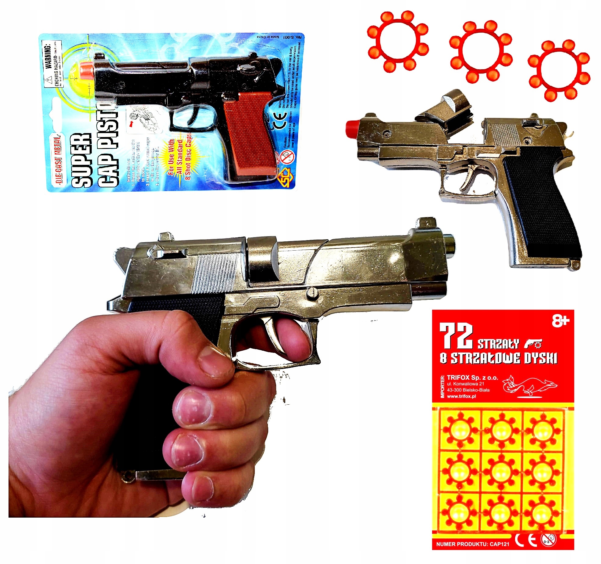 PISTOLET METALOWY BROŃ STRZAŁ KAPISZONY GRATIS 72