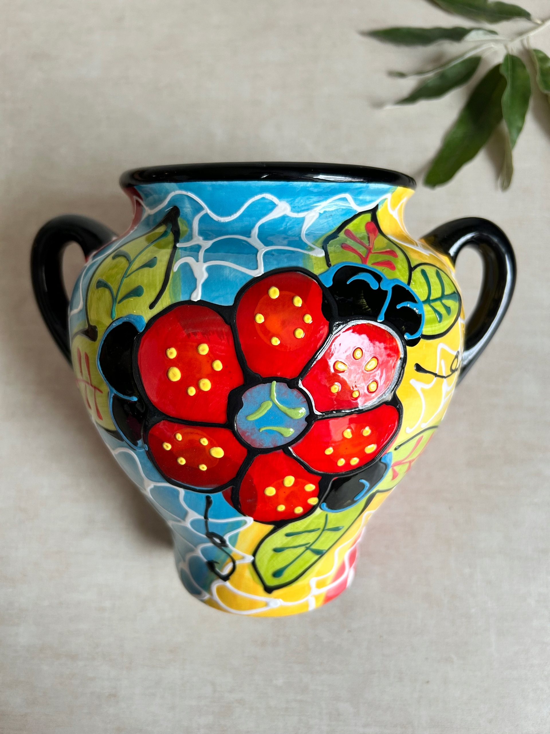 DONICA OSŁONKA ŚCIENNA AMFORA CERAMICZNA HISZPAŃSKA RĘCZNIE MALOWANA