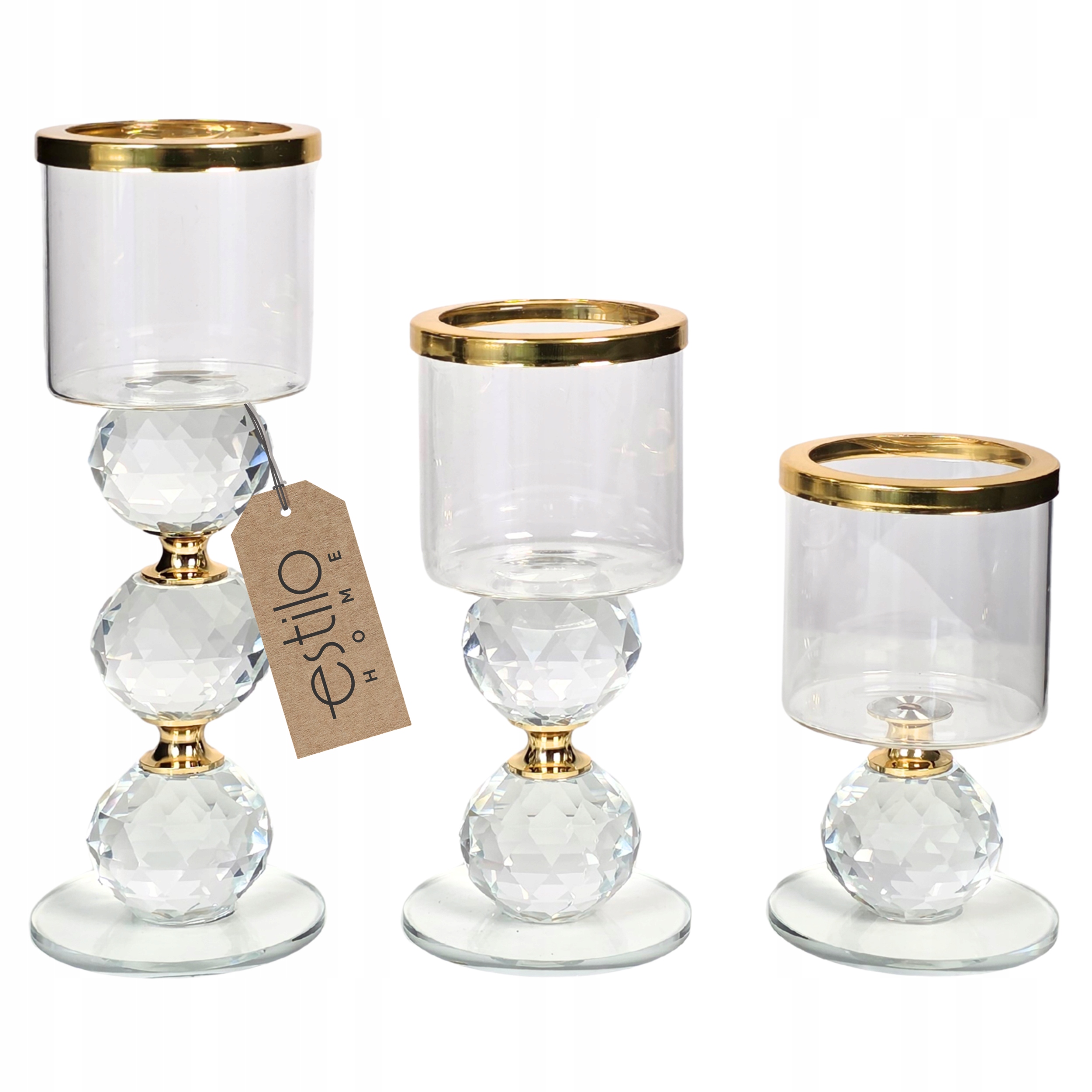 Skleněné Svícny Křišťálově Zlaté na noze Vánoční Glamour 3 kusy