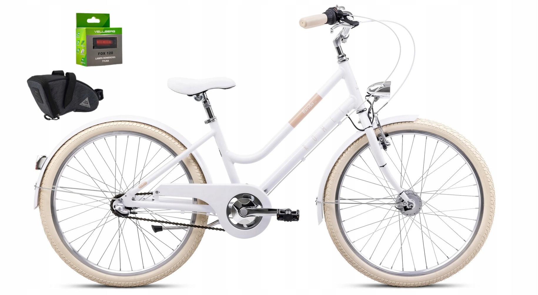Rower 24 Romet Panda 2 biało-beżowy sakwa lampka