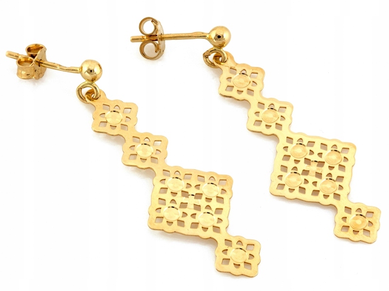 Náušnice zlaté závěsné 585 dlouhé, originální geometrický vzor s čtverci