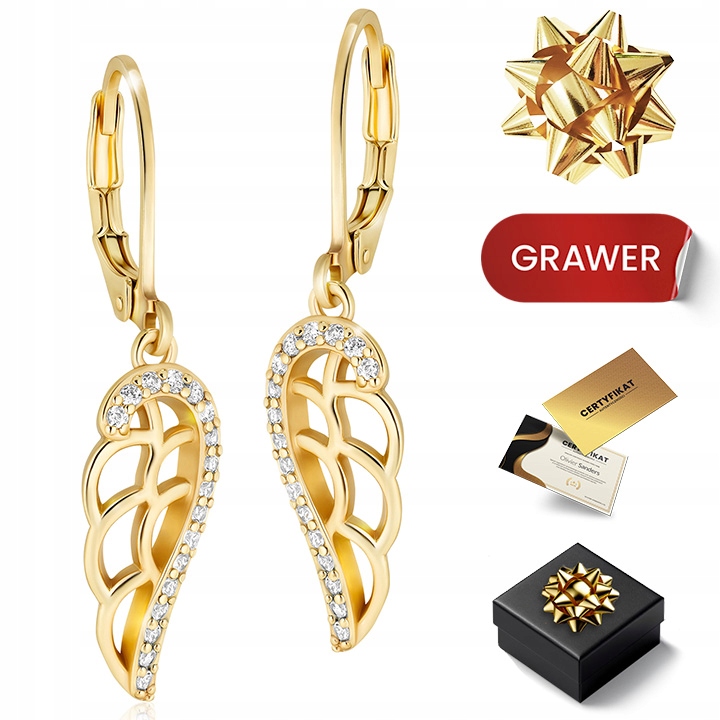 Złote Kolczyki Damskie 925 Skrzydła Anioła Wiszące Grawer 585
