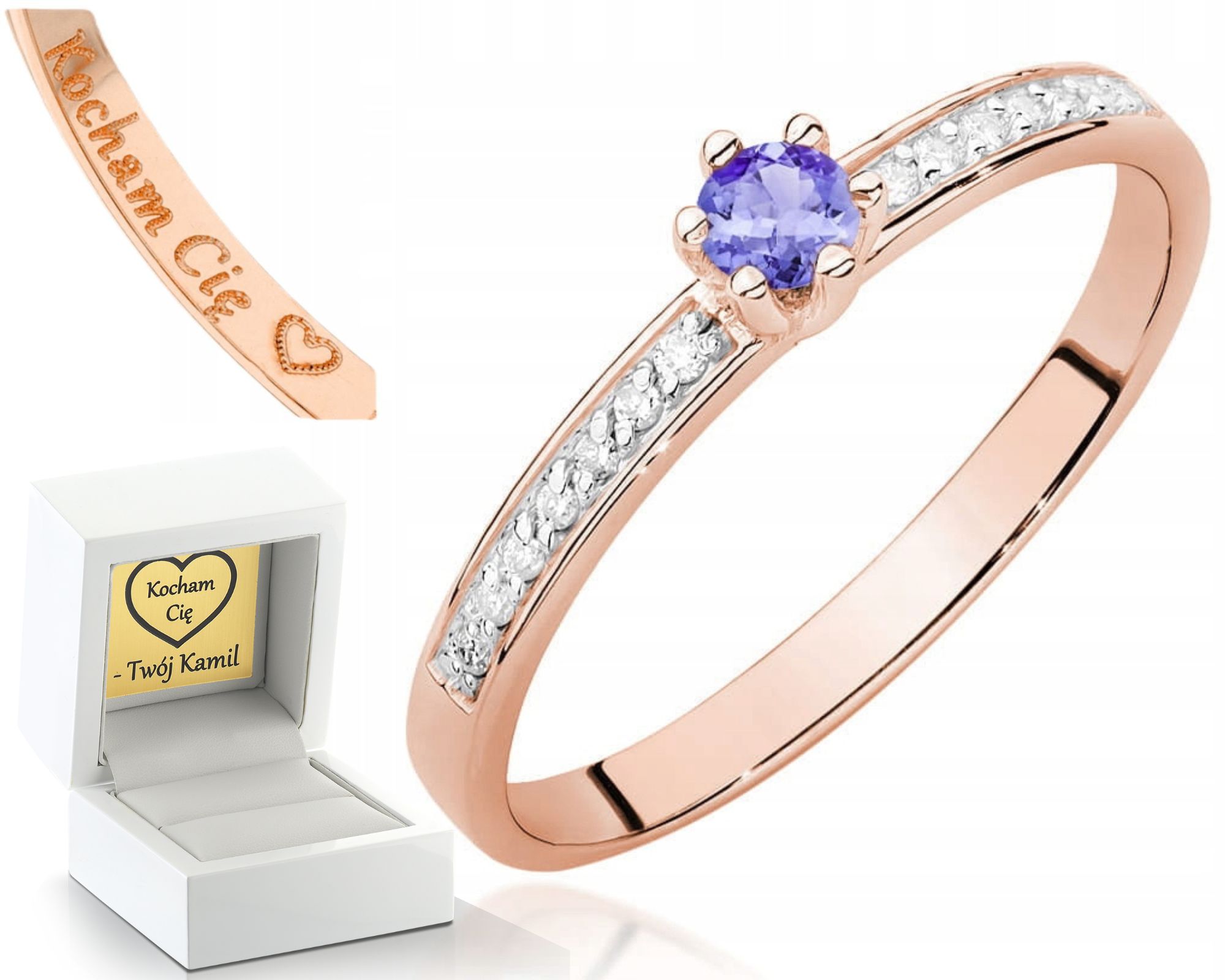 Růžový Zlatý Prstýnek S Tanzanitem A Diamanty, Zlato 585, Dárek Gravírování