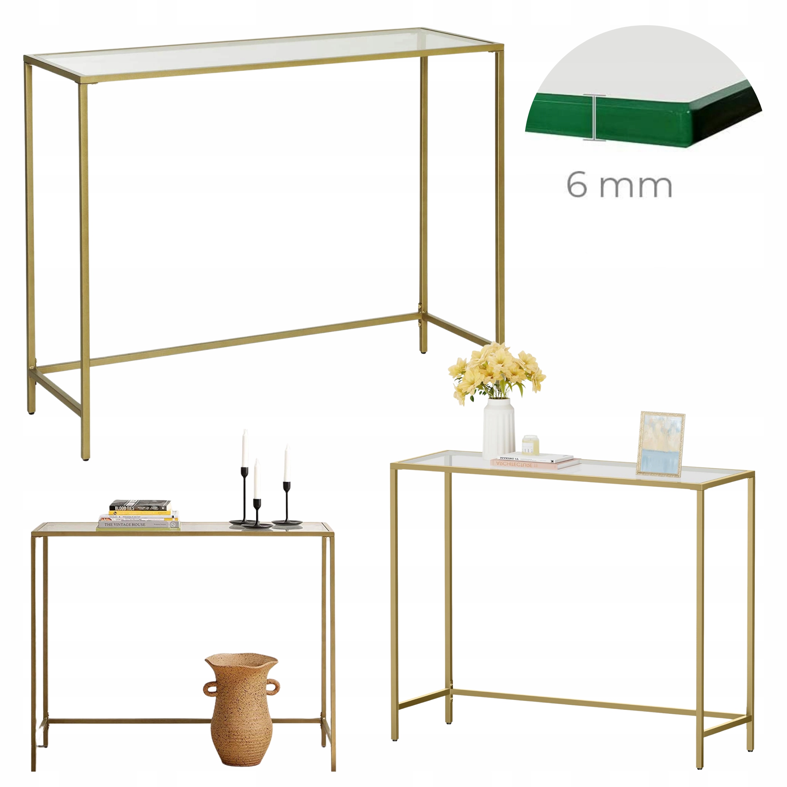 Bočná konzola, obdĺžnikový stolík tvrdené sklo 100x35x80 cm, polica Zlatá