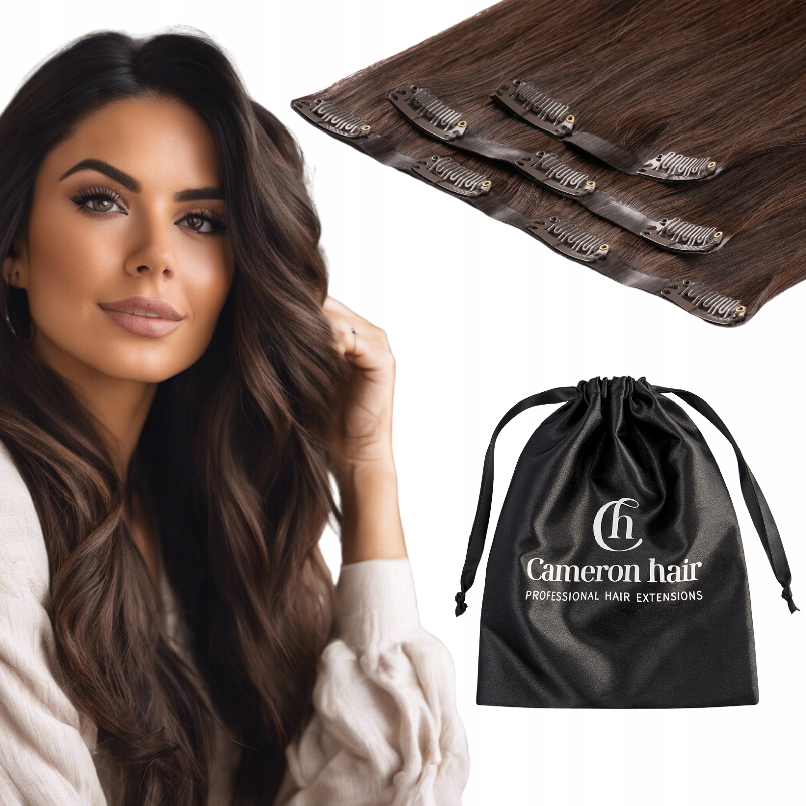 Dopinki do włosów bezszwowe naturalne Clip In 40 cm 3 taśmy 40 g #3 brąz