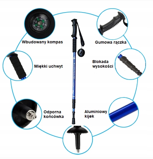 KIJKI DO CHODZENIA NORDIC WALKING KIJE TREKKINGOWE Z KOMPASEM + 3 NAKŁADKI Długość po złożeniu 65 cm