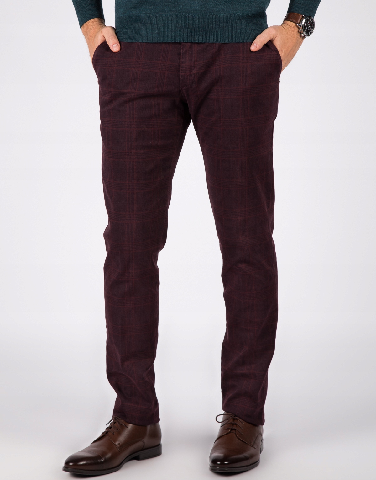 Bordowe Spodnie Męskie w Kratę W40 L32