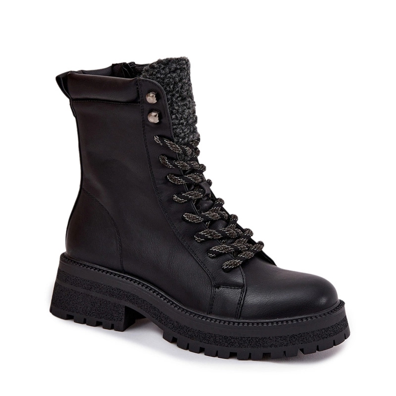 Kotníkové Boty Trapery Eko Kožené, Šněrovací Na Zip, Černé, Velikost 38