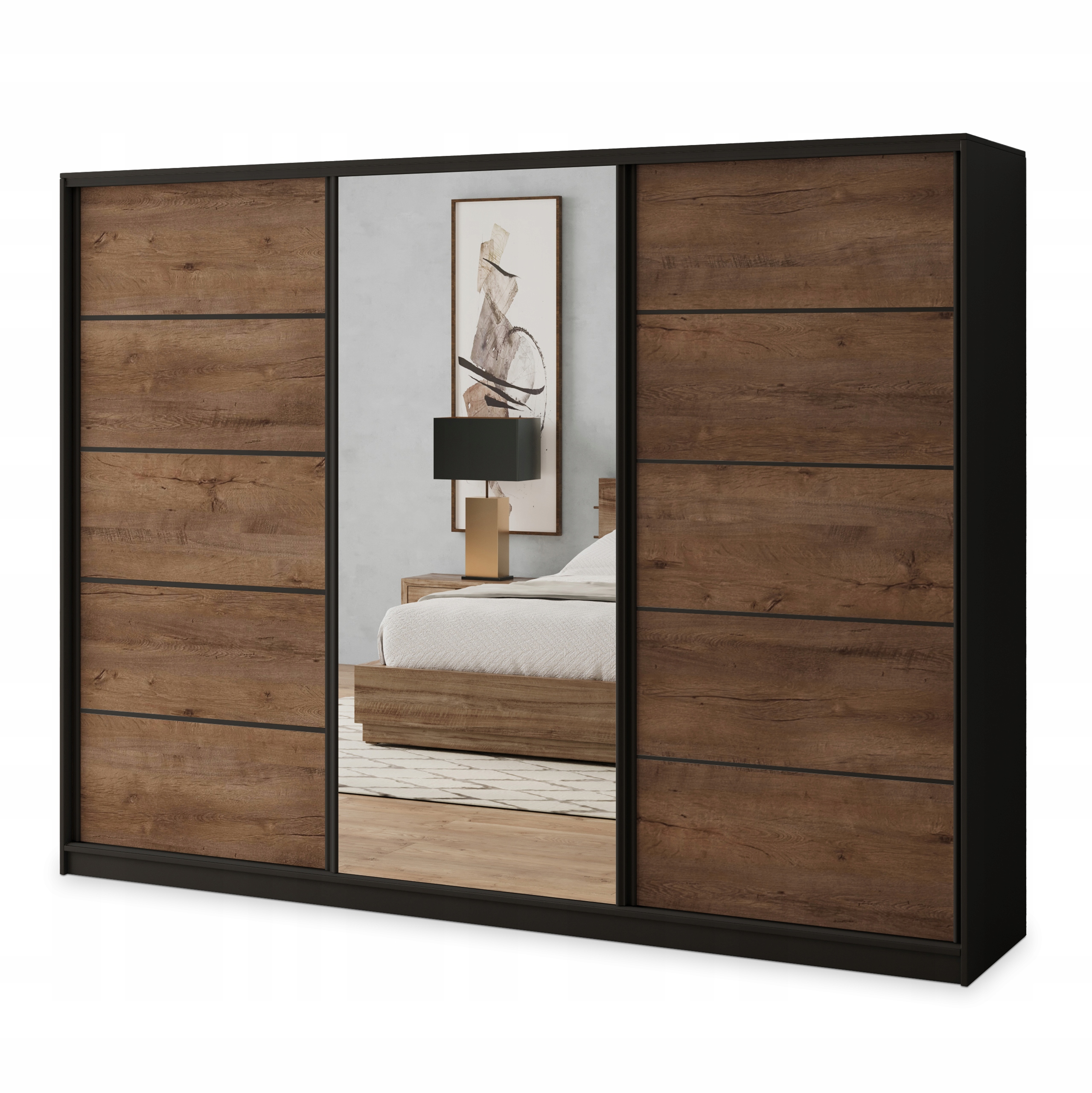 Skříň 270 cm se zrcadlem Zásuvky Police Černá Dub Lefkas