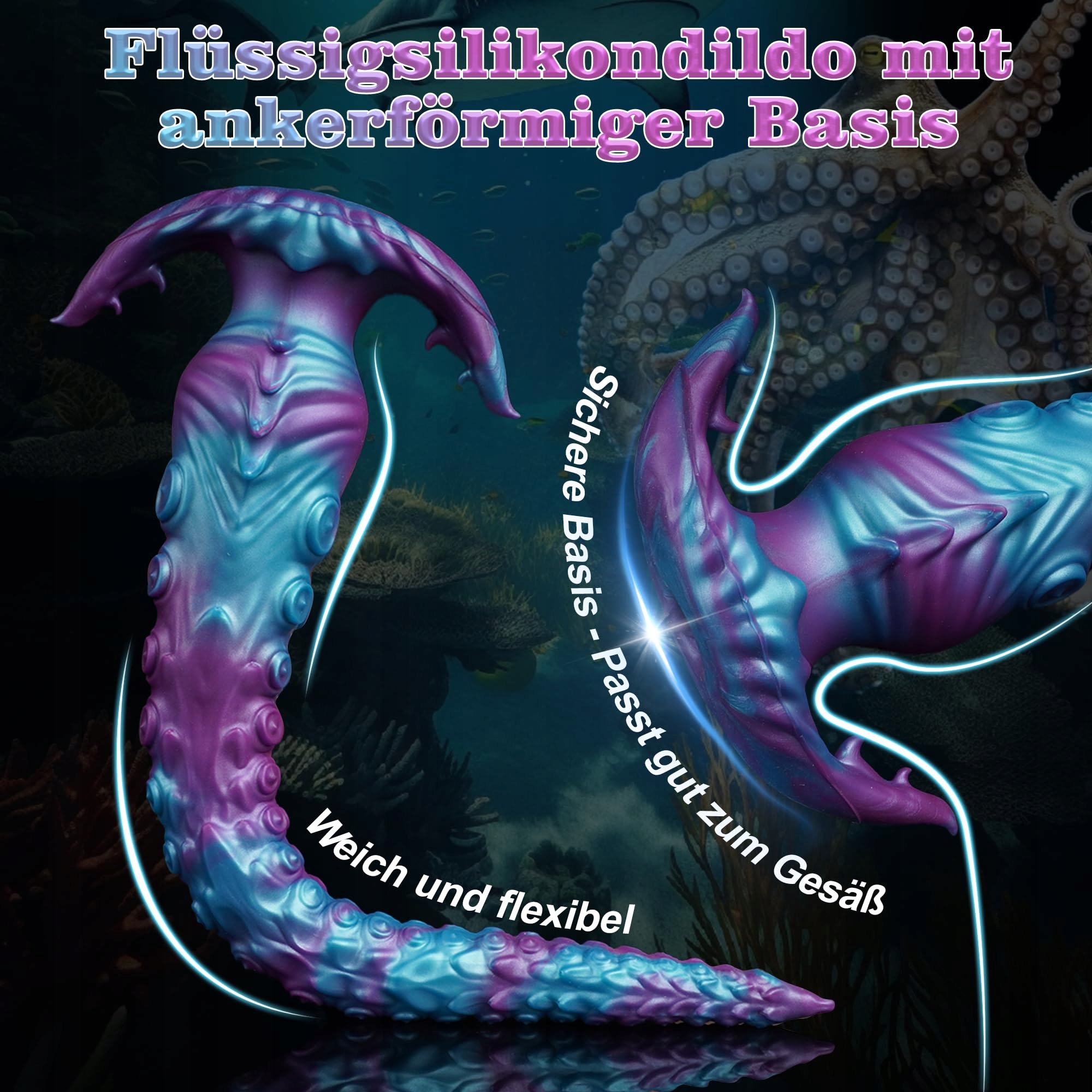 XXL Fantasy Dildo Tentakel Lila Turkus 40cm Tekstura Ośmiornicy — miniatura 5