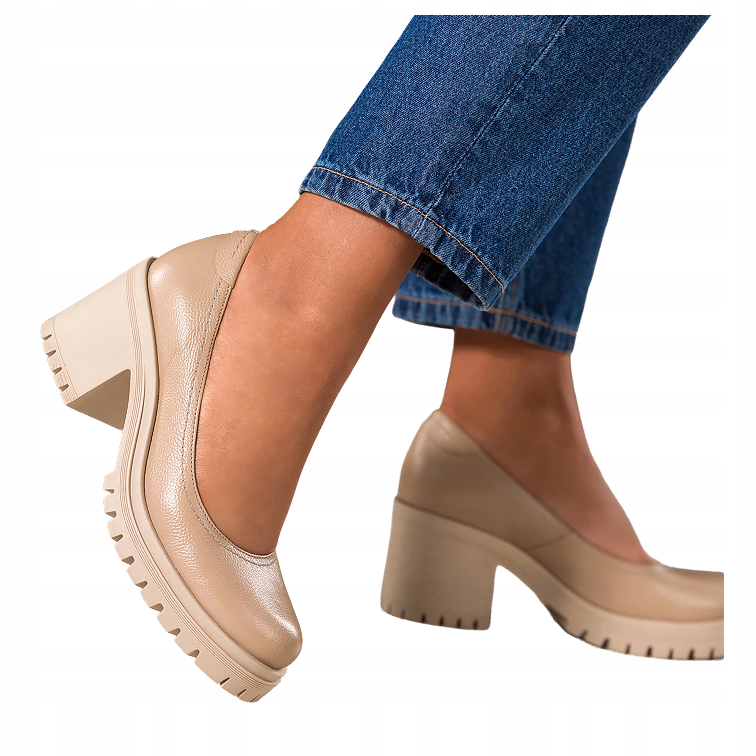 Béžové dámské Polobotky Široký kotník Běžící platforma Kožené r 40