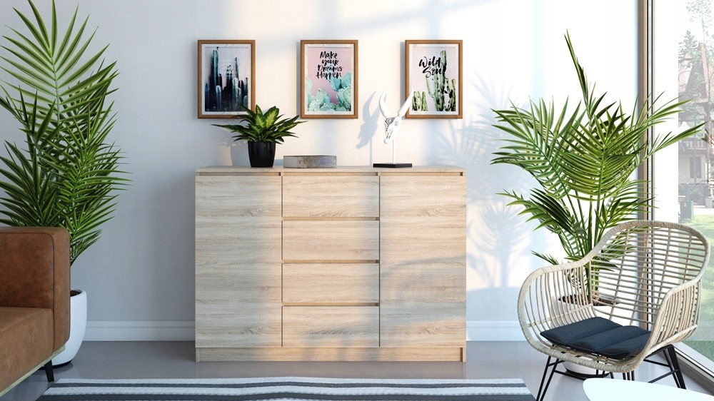 KOMODA 120 cm SZAFKA SZUFLADY DRZWI PÓŁKI POJEMNA NOWOCZESNA DĄB SONOMA Głębokość mebla 40 cm