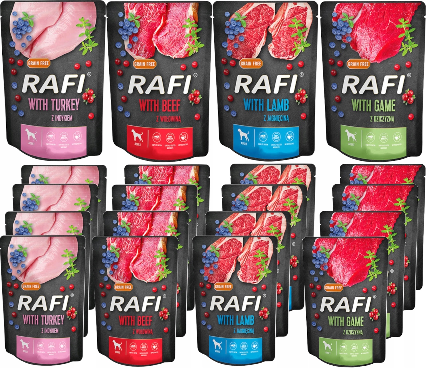 Bezobilné Vlhké krmivo pro psy 20 x 300 g mix chutí Rafi Dolina Noteci