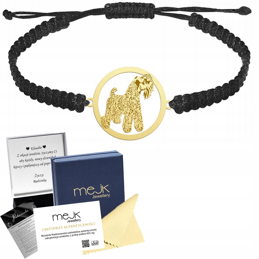 Zlatý náramek se psem Kerry Blue Terrier Makramé 925 Gravírování Bonus