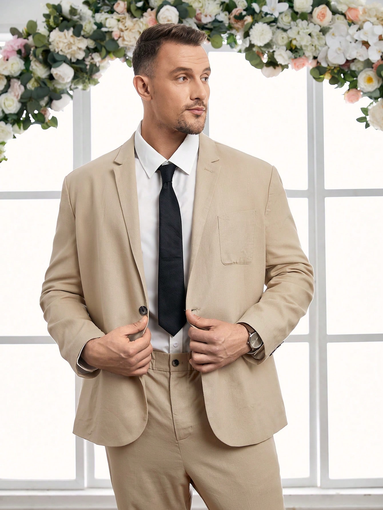Pánský Lněný Oblek Elegantní Stylový Béžový Na Svatební Hostina Shein 4XL