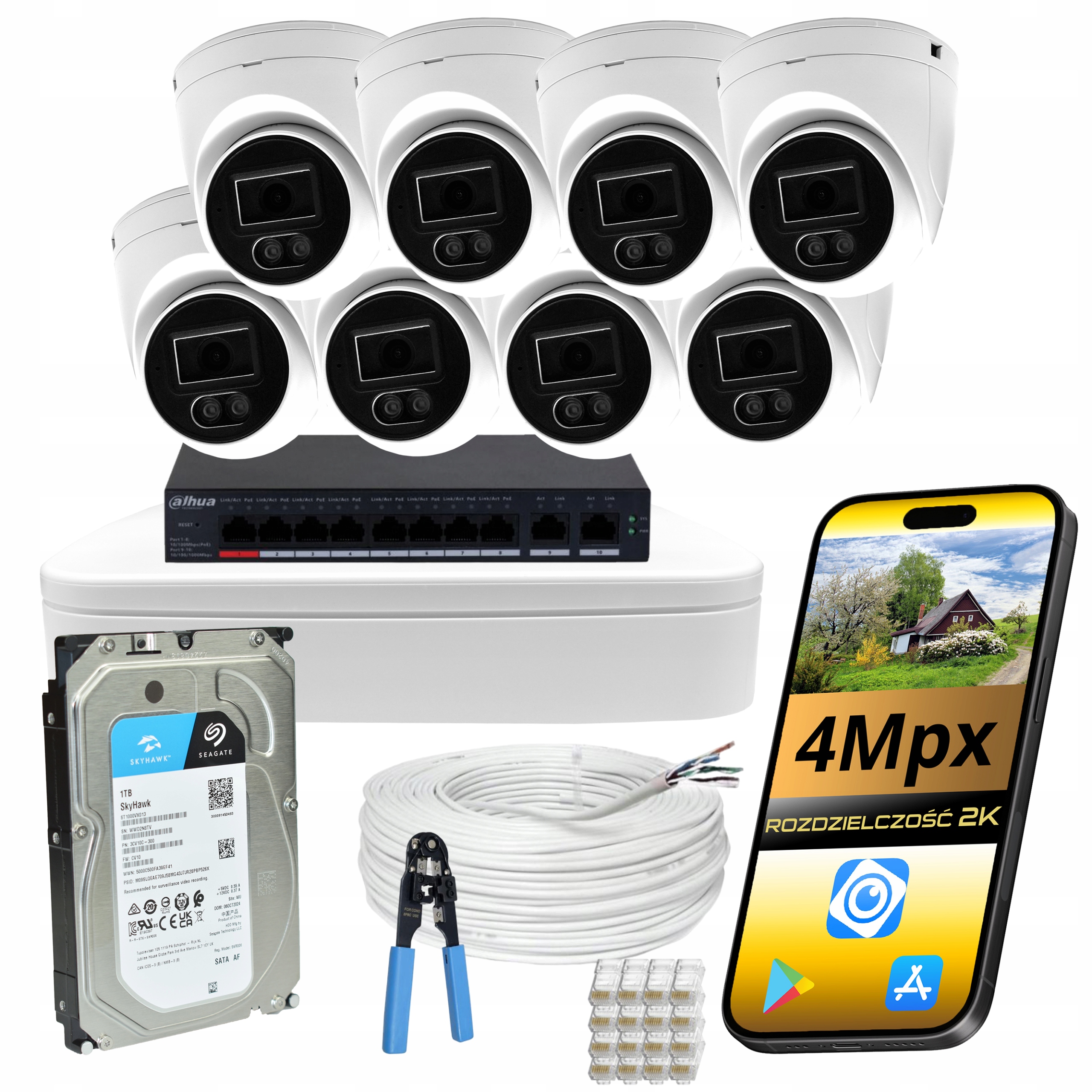 Monitorovací Sada Ip Kamer Dahua 8x Venkovní Ip Kamera Poe Kopulková 4Mpx