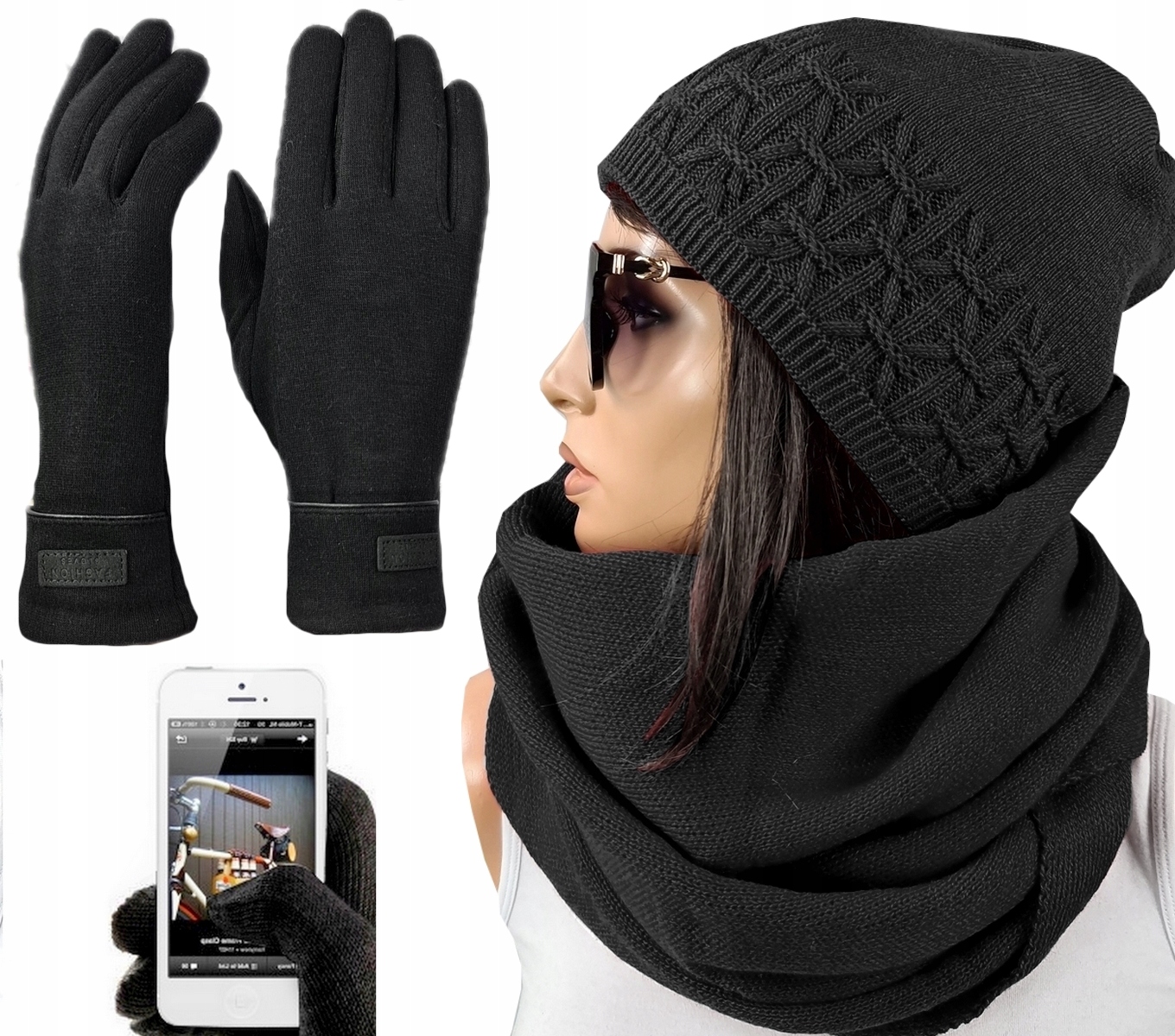 Teplý dámský komplet Čepice Nákrčník Dotykové Rukavice zimní Polský