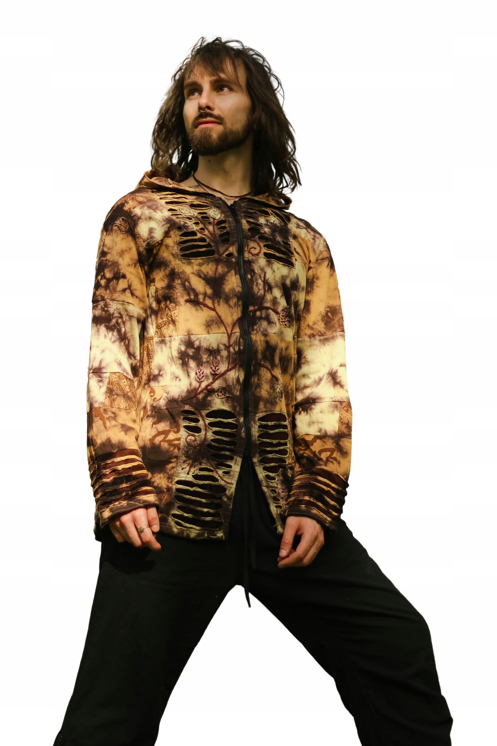 Psychedelická mikina s kapucí béžová tie dye hippie patchwork