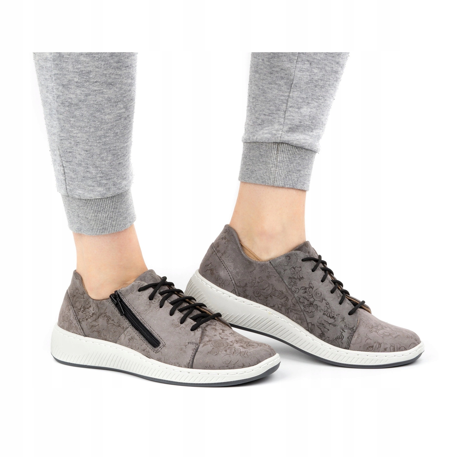 Dámské polobotky kožené tenisky 0602W šedé vzory, květiny, šněrovací 36