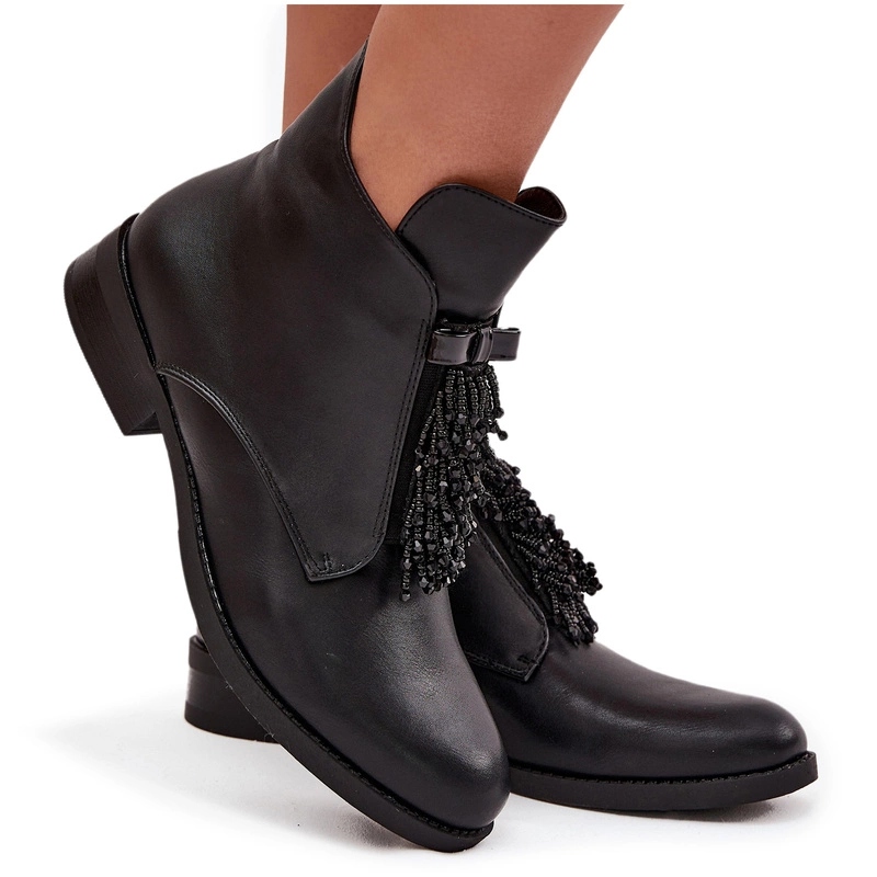 Dámské Kotníkové Boty Plochý Podpatek Zateplené Korálky S.barski HY42-713 Černé 37