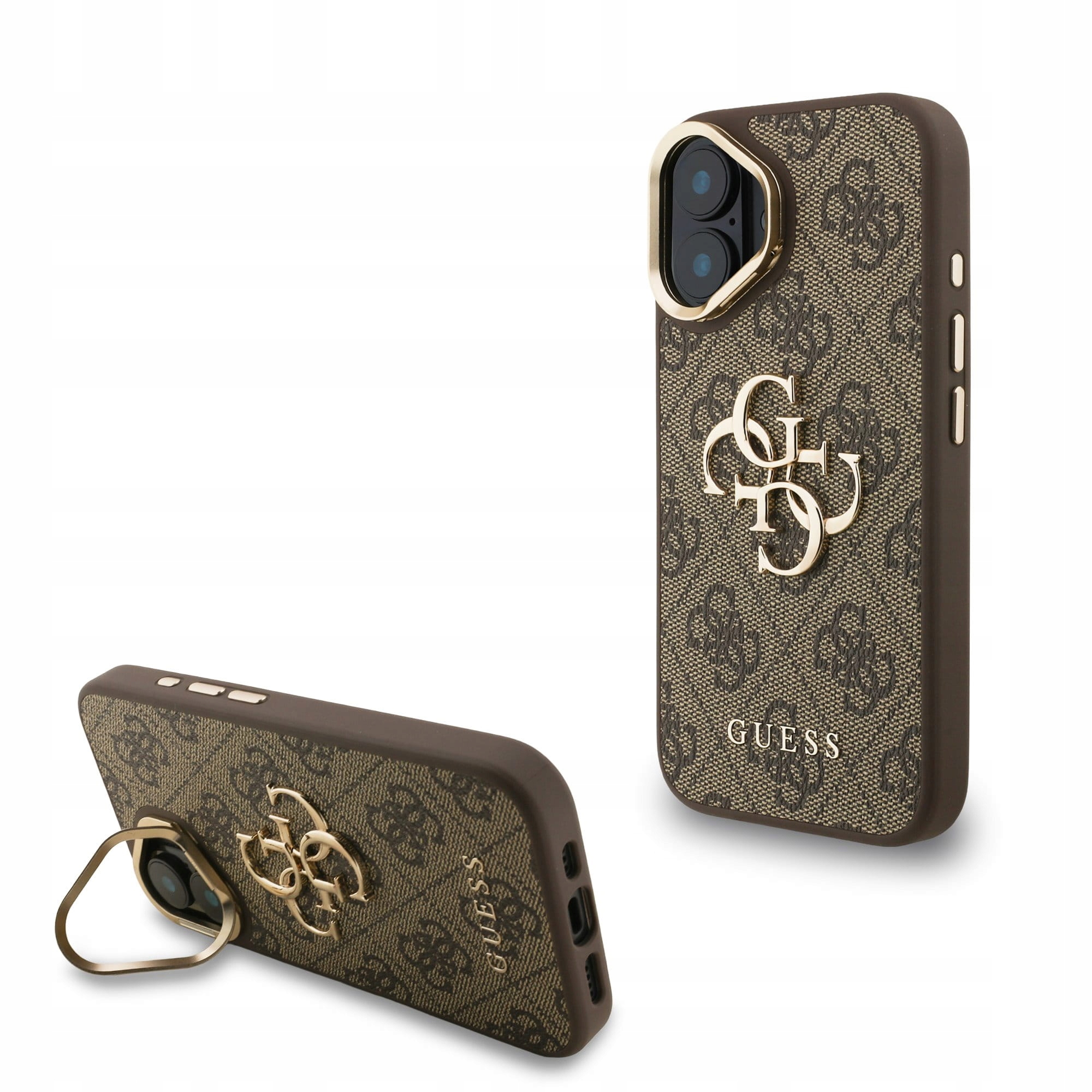 Guess Pu Metal Logo etui podstawka do iPhone 16 brąz case cover