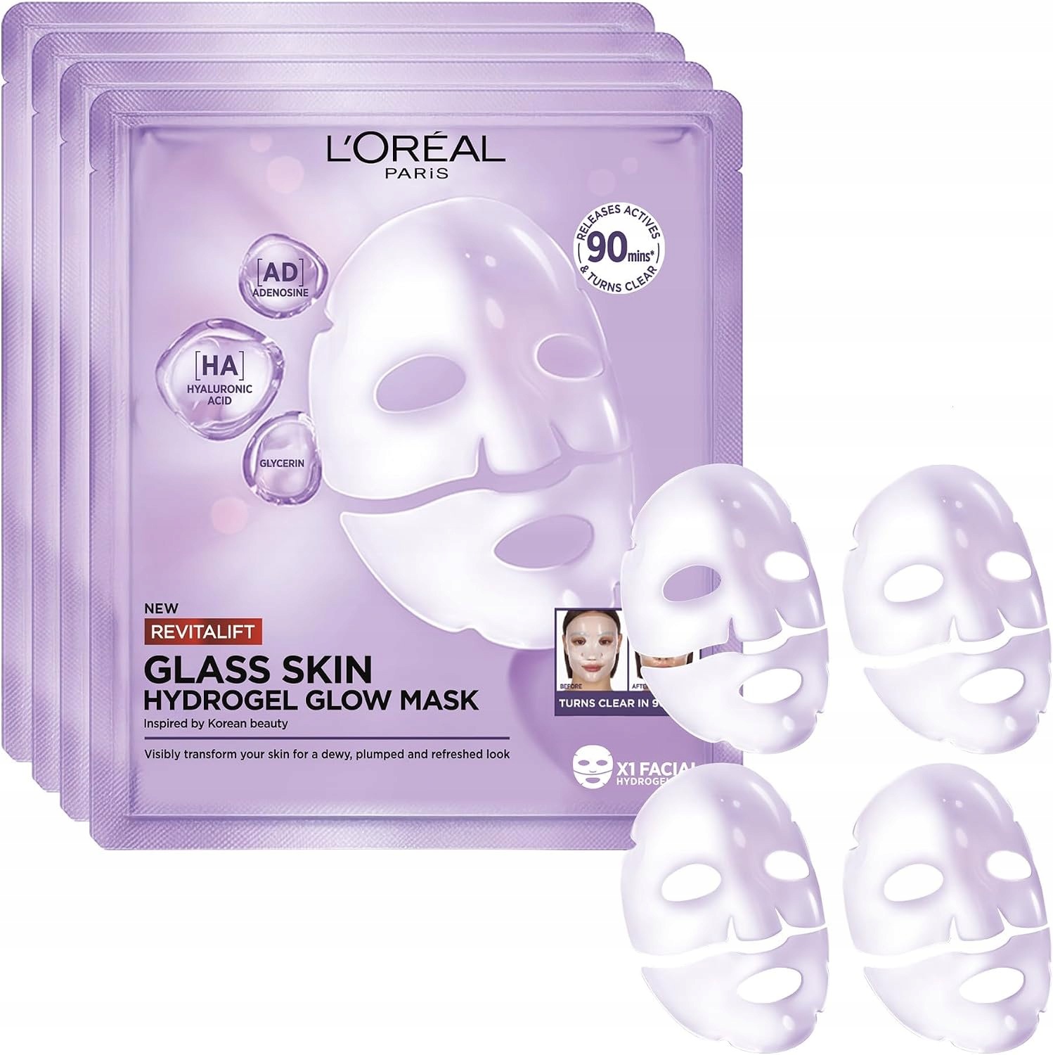 Maseczka L'Oréal RevitaliftFiller GlassSkin Hydrożelowa do Twarzy Zestaw 4x
