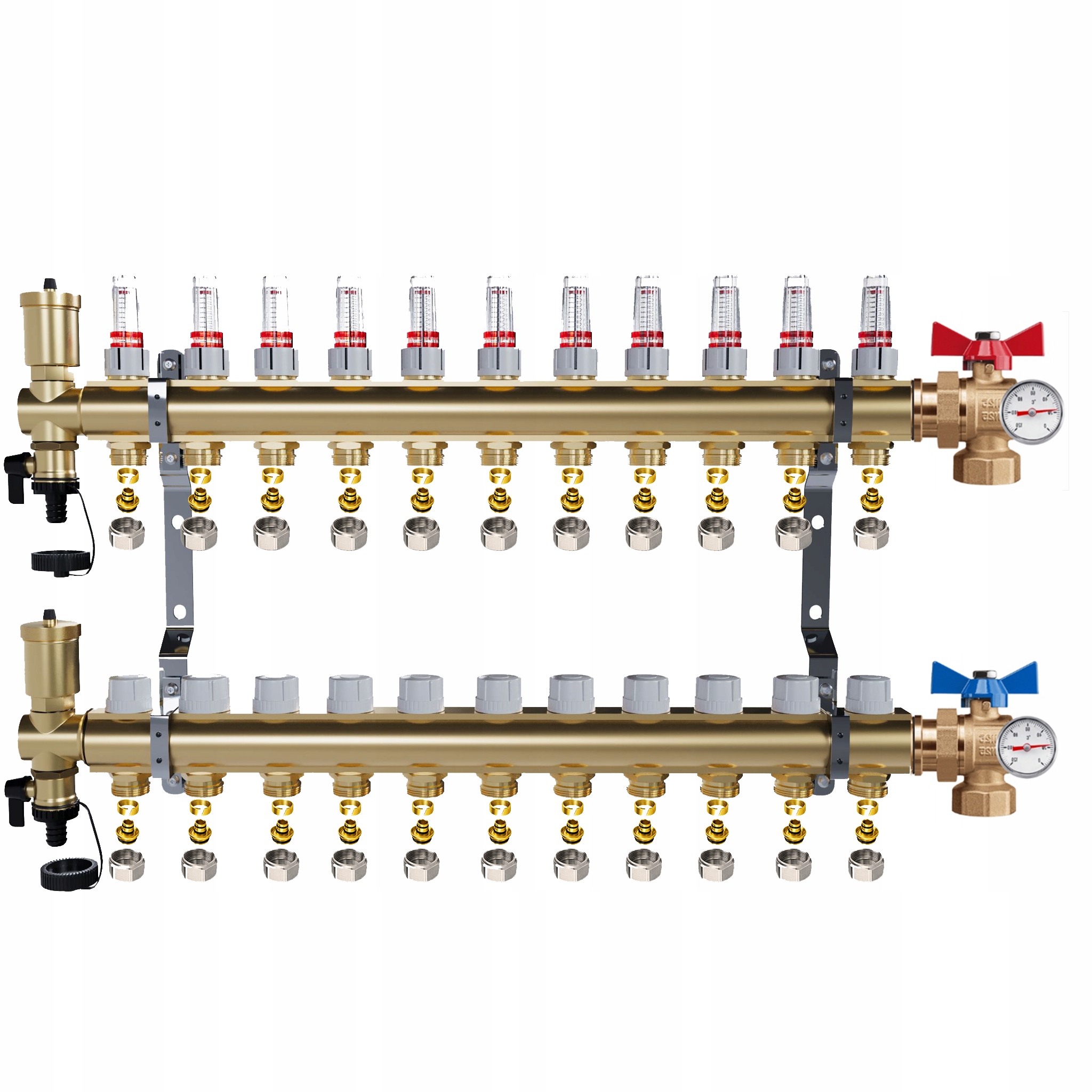 Rozdělovač mosazný Podlahovky 11 okruhů Kulové ventily Teploměr Pex