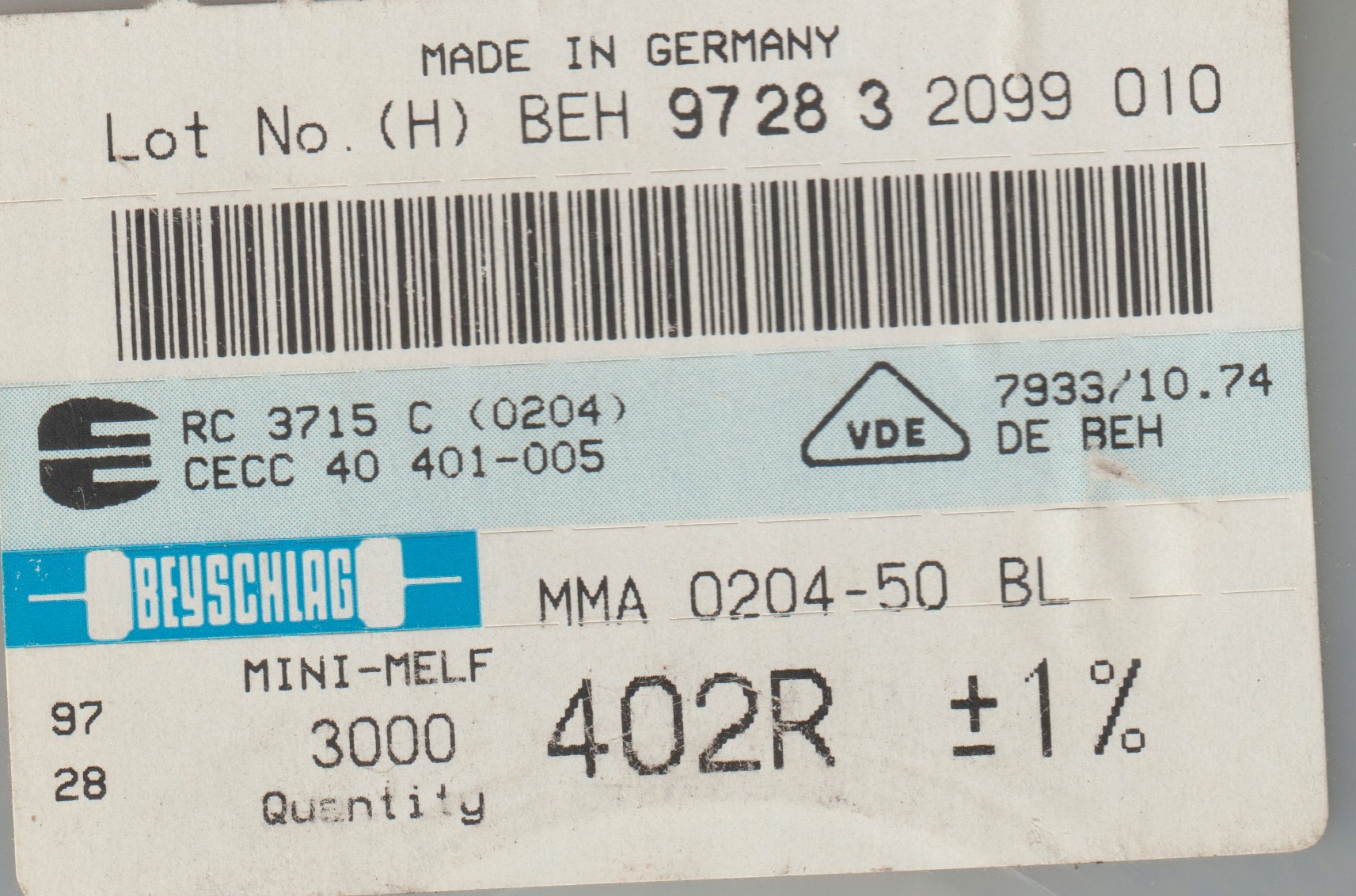 [100szt] 402R 1% 50ppm rezystor Smd minimelf MMA0204 Beyschlag low noise