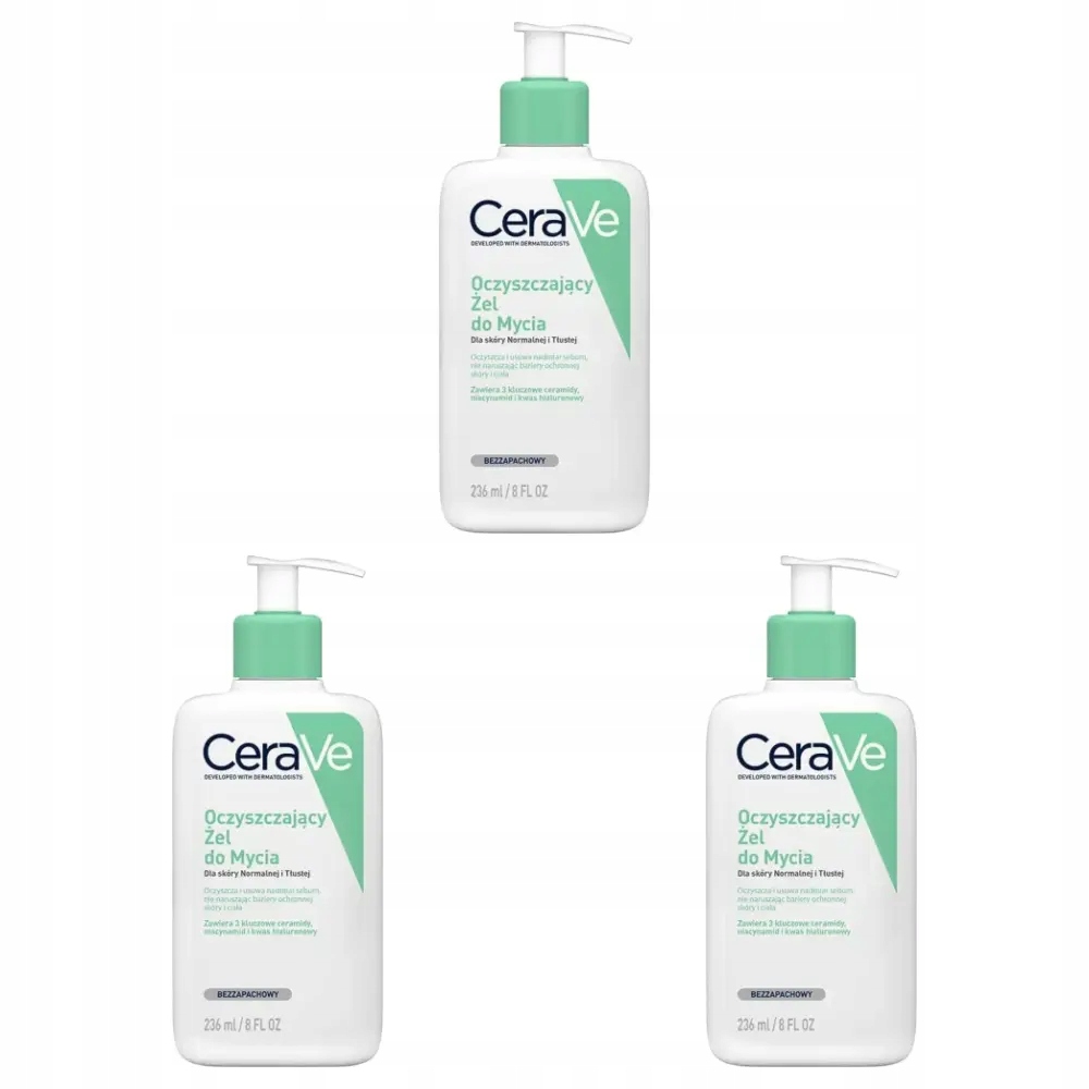 3x CeraVe Oczyszczający żel do mycia dla skóry normalnej i tłustej, 236 ml