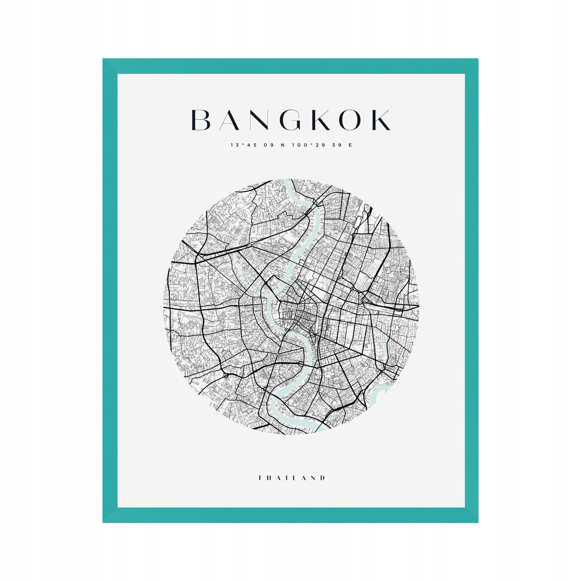 Plakat Mapa miasta Bangkok Azja Tajlandia koło 24X30 cm + ramka turkusowa