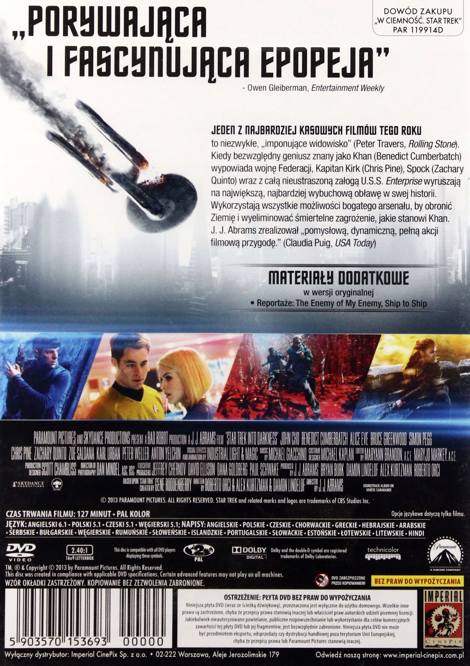 STAR TREK: W CIEMNOŚĆ (2013) [Chris PINE] [DVD] Stan opakowania oryginalne