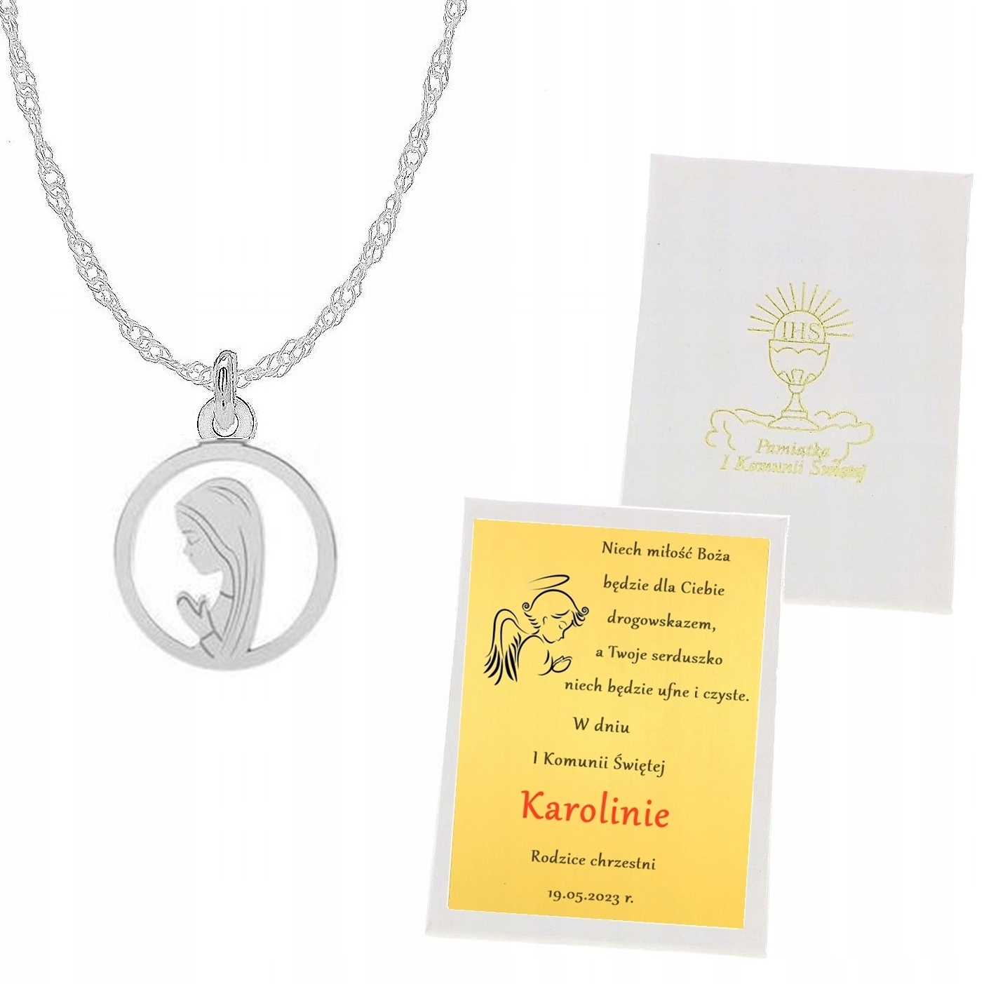 SREBRNY NASZYJNIK Z MEDALIKIEM I KOMUNIA ŚW GARWER