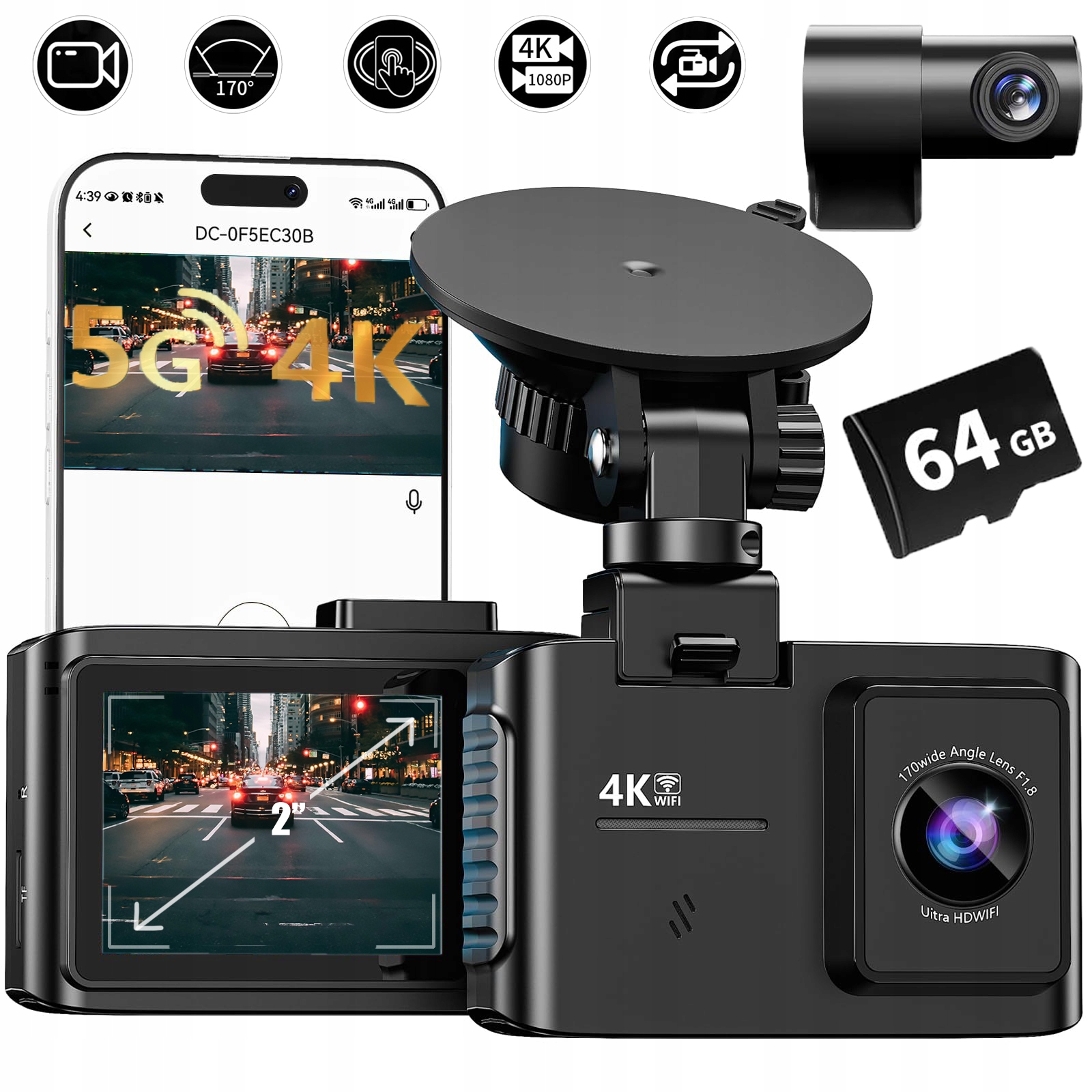 Wideorejestrator 4K Ultra Hd Kamera Samochodowa Wifi Kamera Cofania