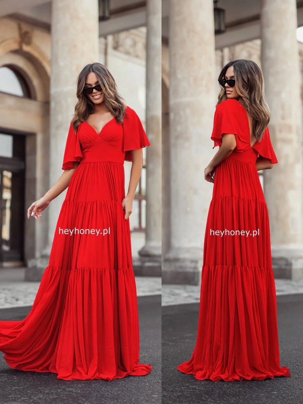 Šaty maxi s motýlkovým rukávem Červená Florence L