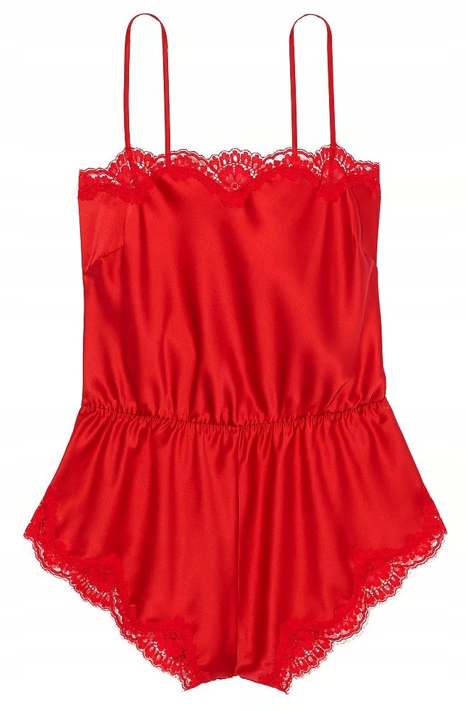 Krátká saténová kombinéza Victoria's Secret s krajkou, červená, Xs