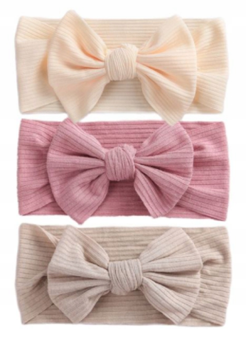 ZESTAW 3 SZEROKICH OPASEK DLA DZIEWCZYNKI KOKARDA BEŻ RÓŻOWA ECRU NA WIOSNĘ