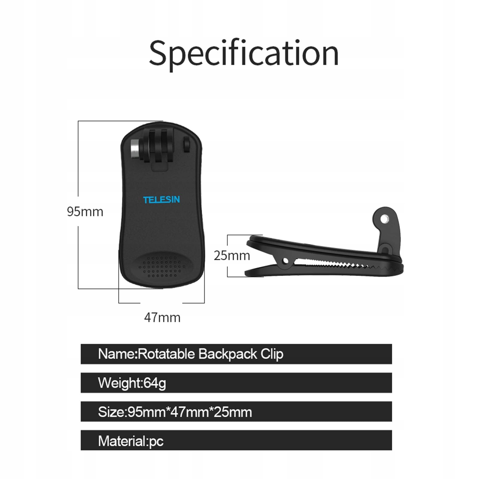 Klips Na Szelki Plecak Do GoPro DJI Insta360 360 Szybki Montaż TELESIN — miniatura 6
