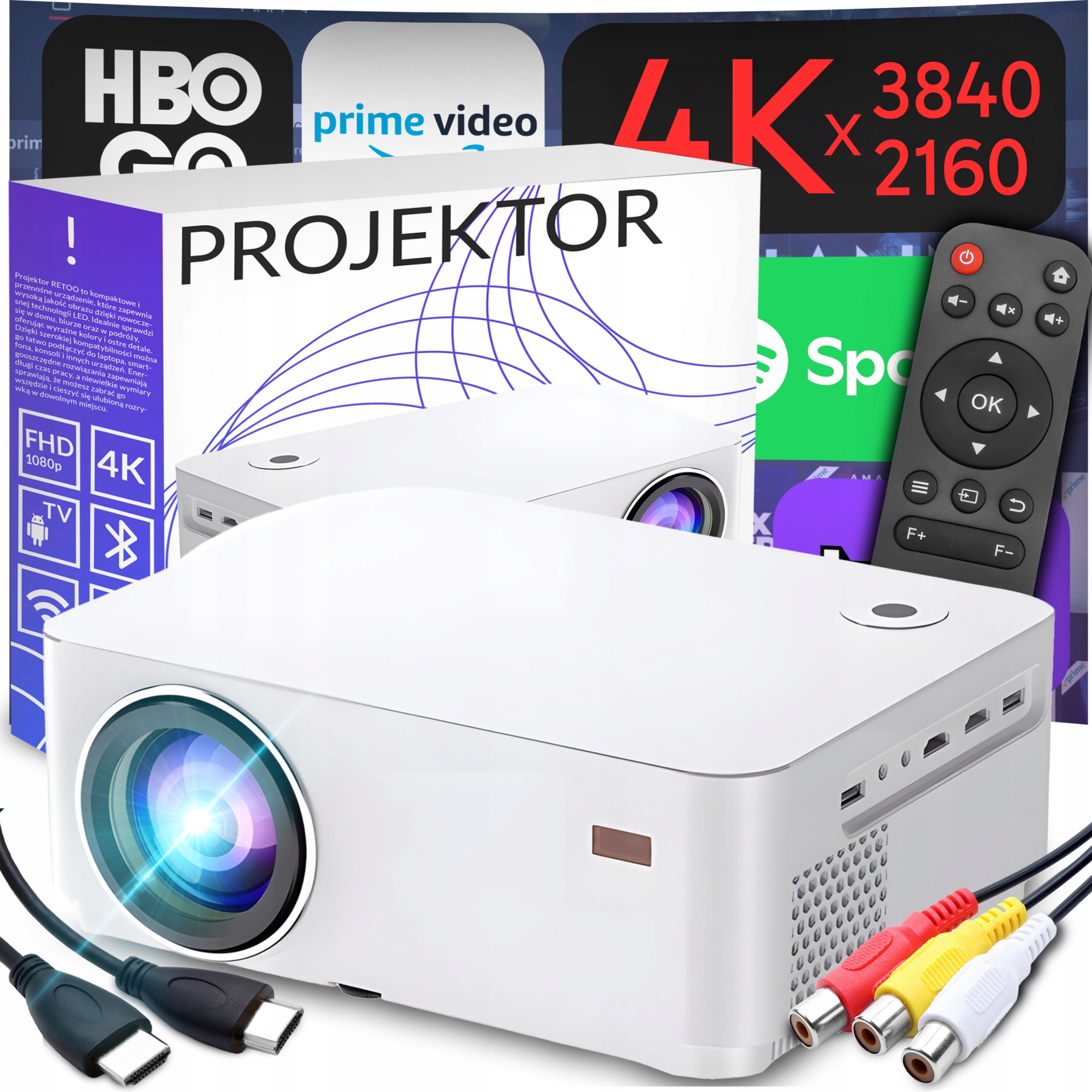 Projektor Retoo LED 1920x1080 9000 lm Smart TV Wi-Fi Bluetooth biały