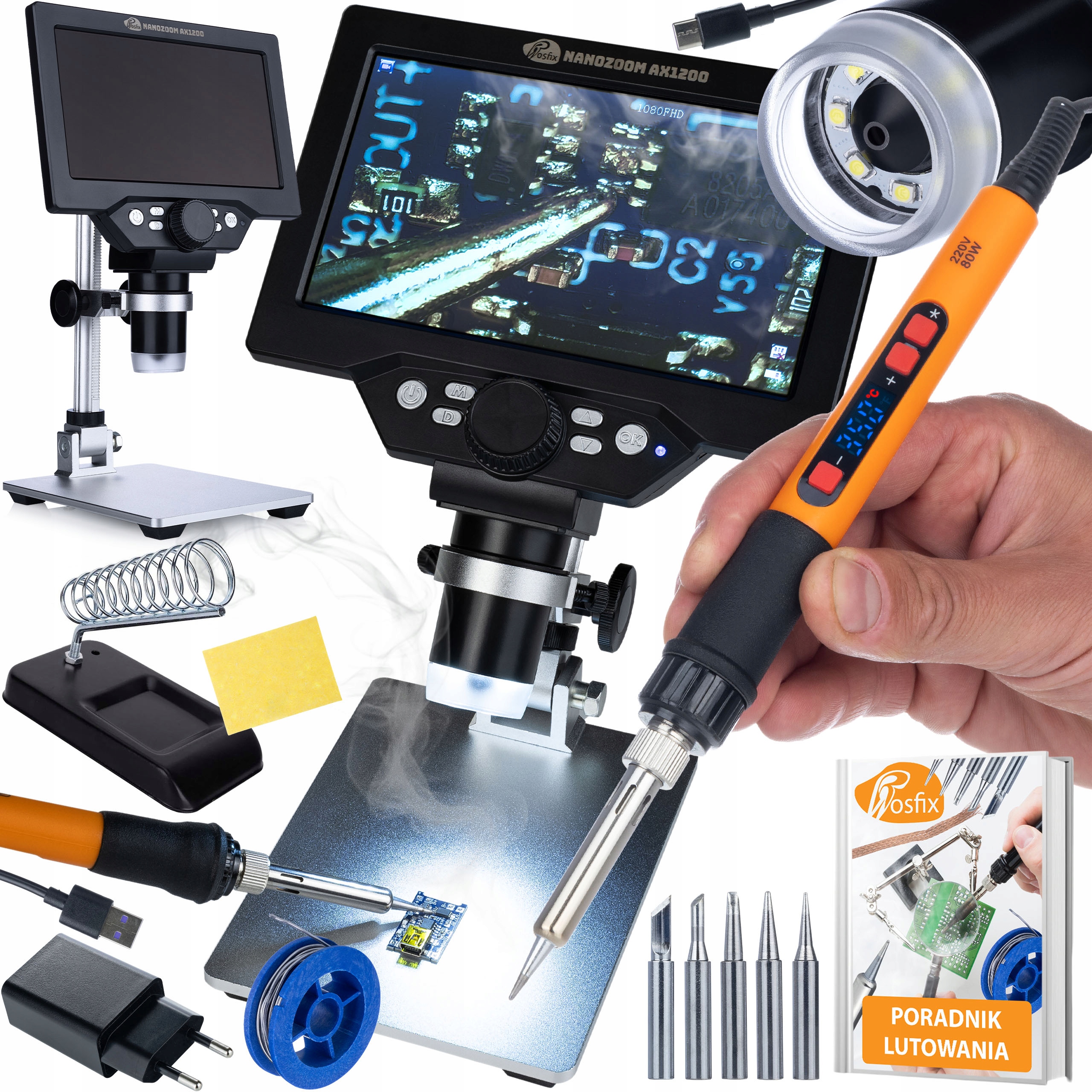 Zestaw Do Serwisu Elektroniki Rosfix Mikroskop Lutownica Uchwyt 12W1 LCD