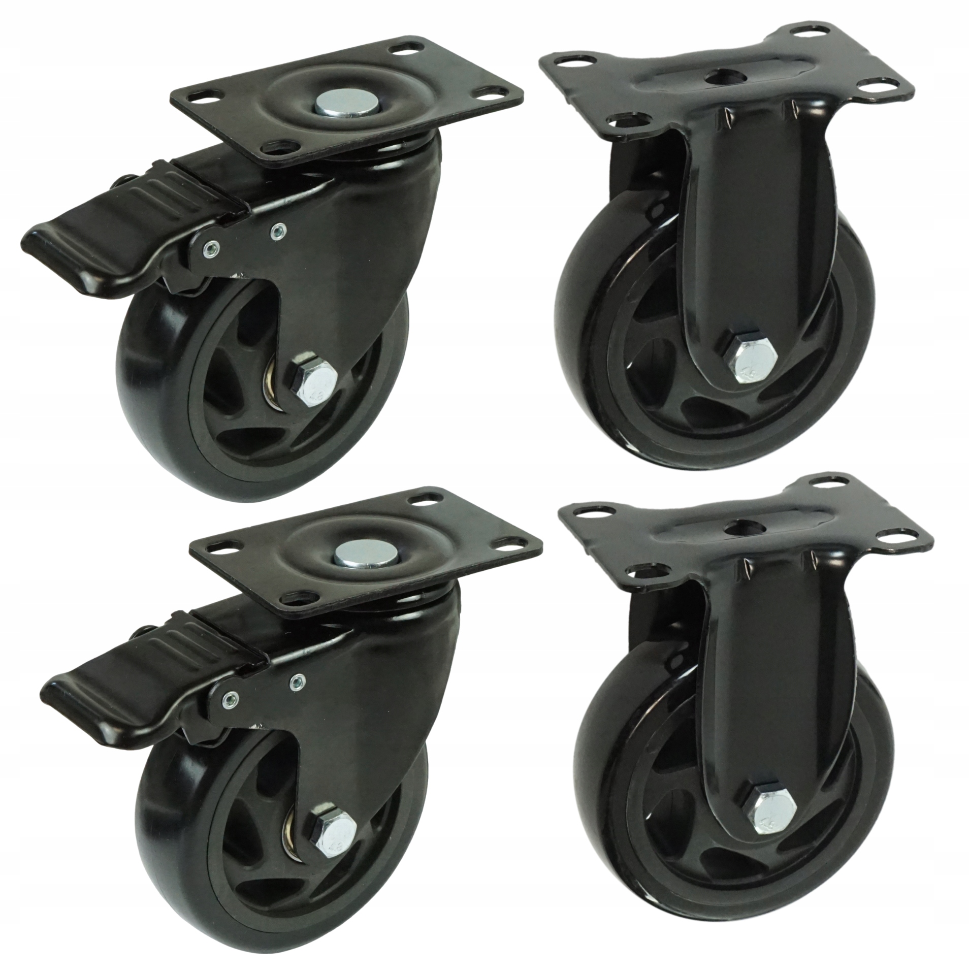 Sada koleček o průměru 100 mm, pogumovaná, černá, otočná, s brzdou, pevná kolečka