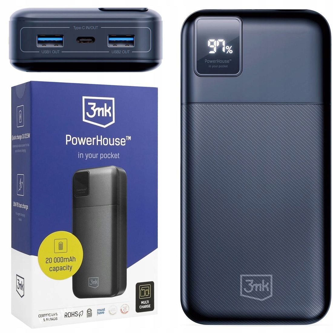 3mk PowerHouse Powerbanka s displejem 2x Usb Usb-c Qc 3.0 20000mAh