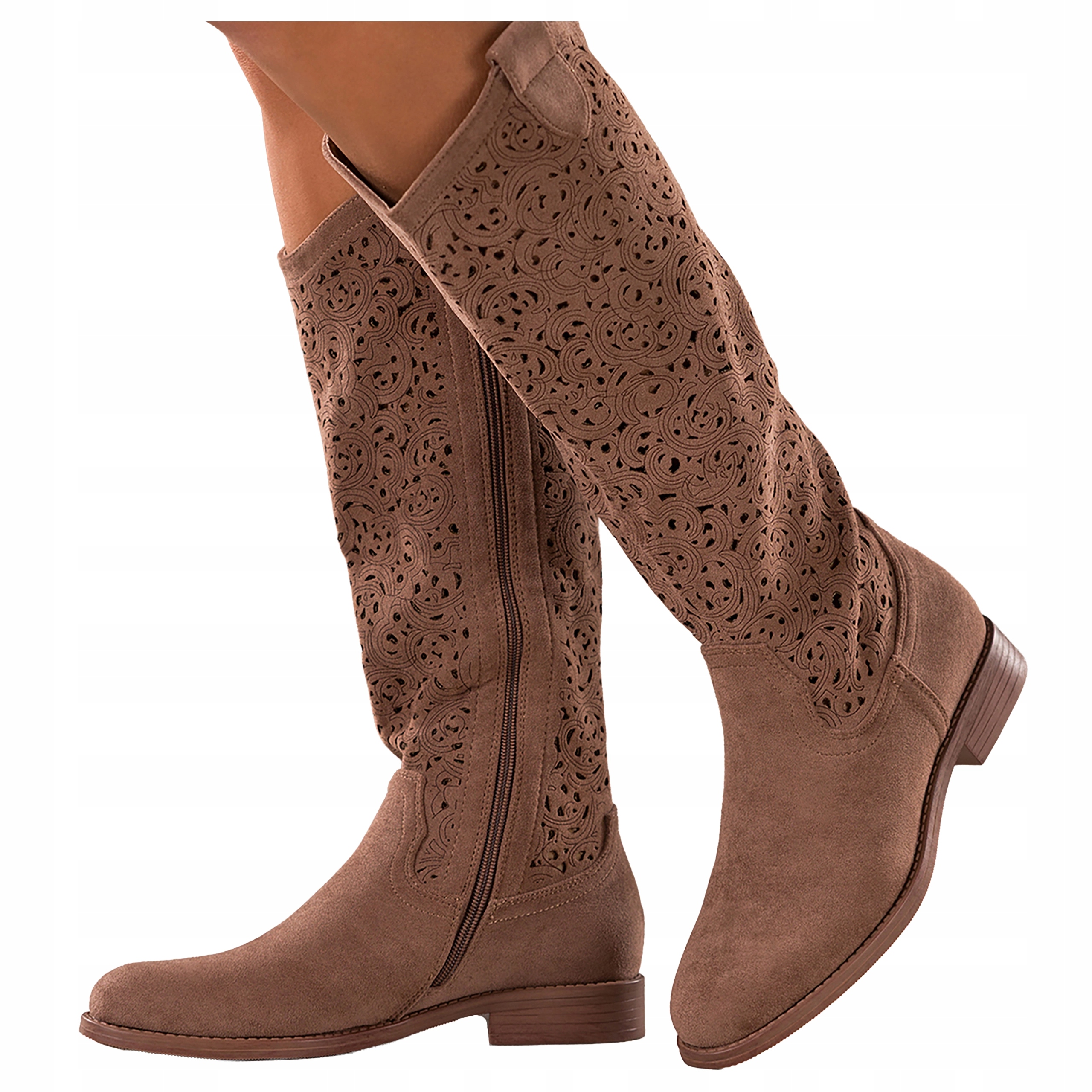 Kozačky Hnědé Dámské Ploché Široké Ažurové Svršek Před Koleno vel. 40