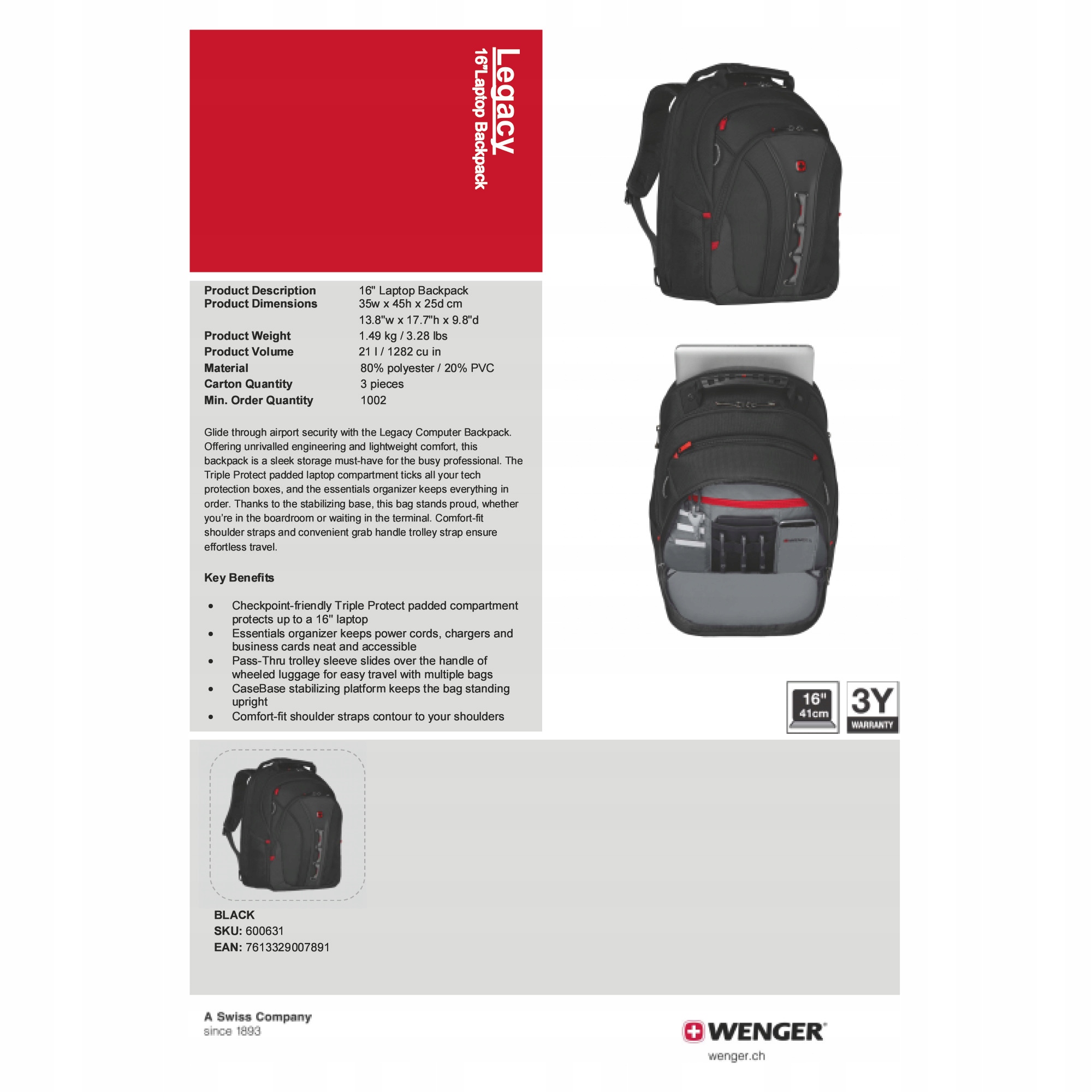 plecak WENGER Legacy 16" SwissGear 600631 Cechy dodatkowe brak