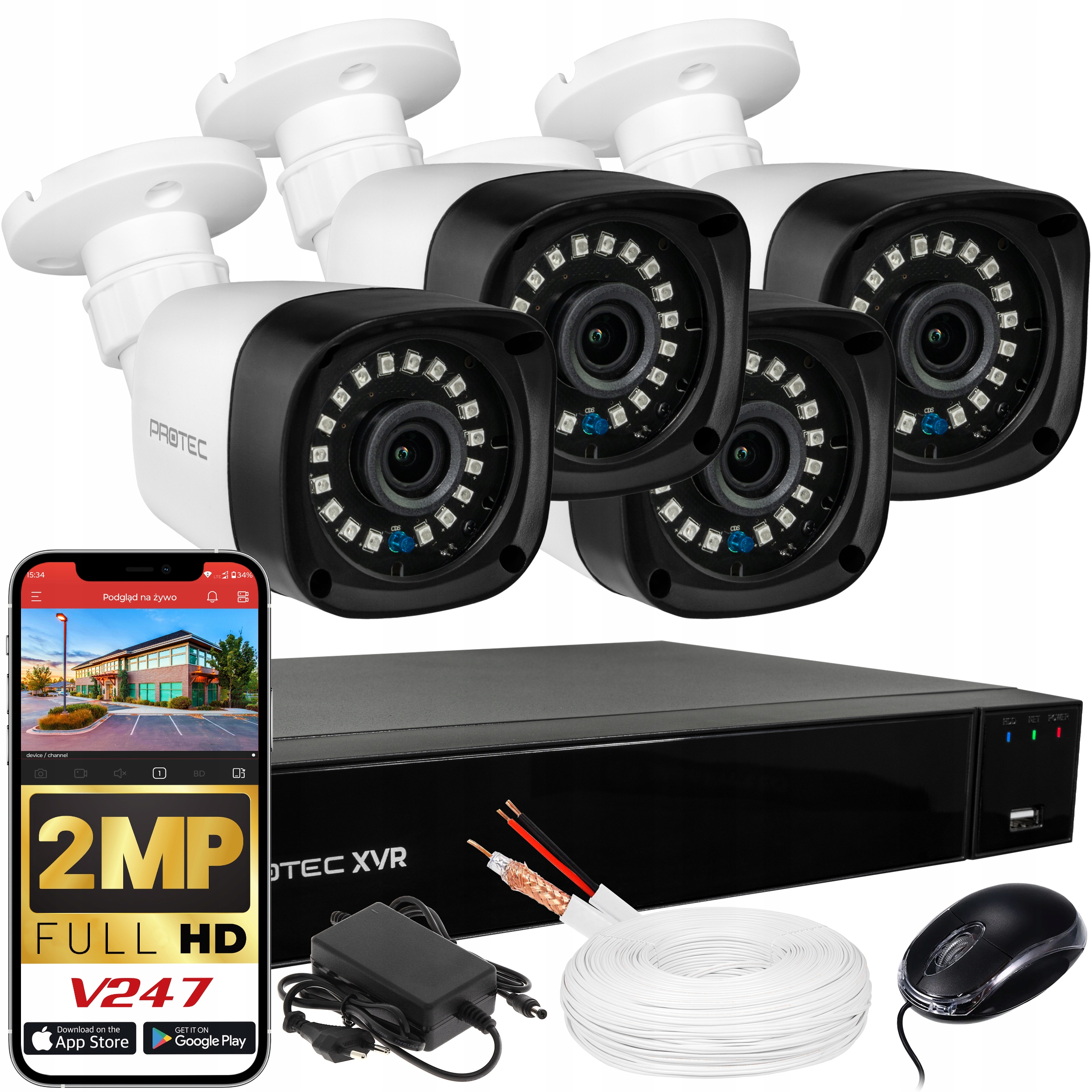 Zestaw Do Monitoringu 4 Kamery Full Hd Szeroki Kąt Aplikacja