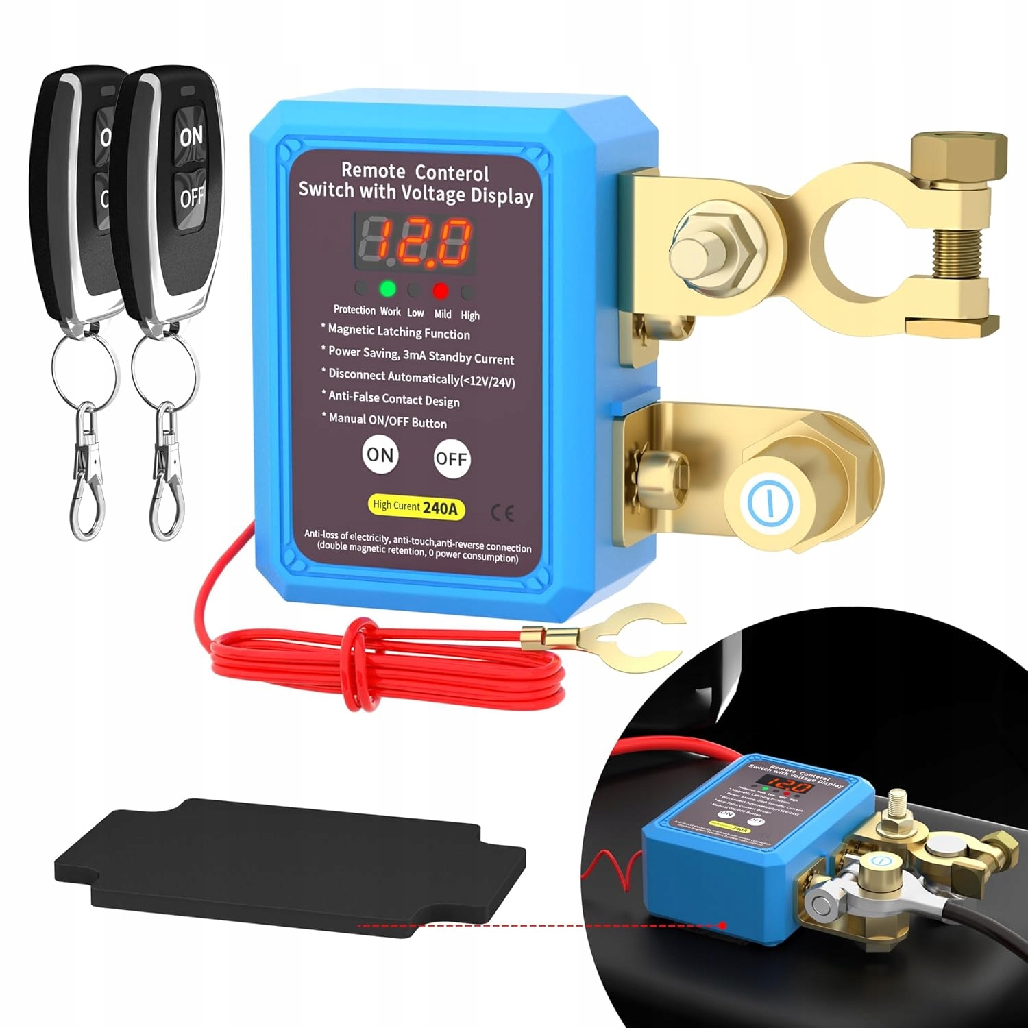 Dálkový Automatický Vypínač Odpojovač Baterie 12V 240A 2X Dálkové Ovládání