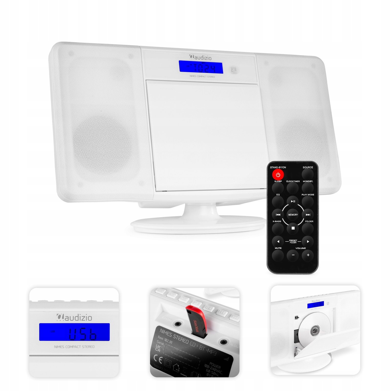 Miniwieża stereo Audizio z USB BT FM CD MP3 pilot