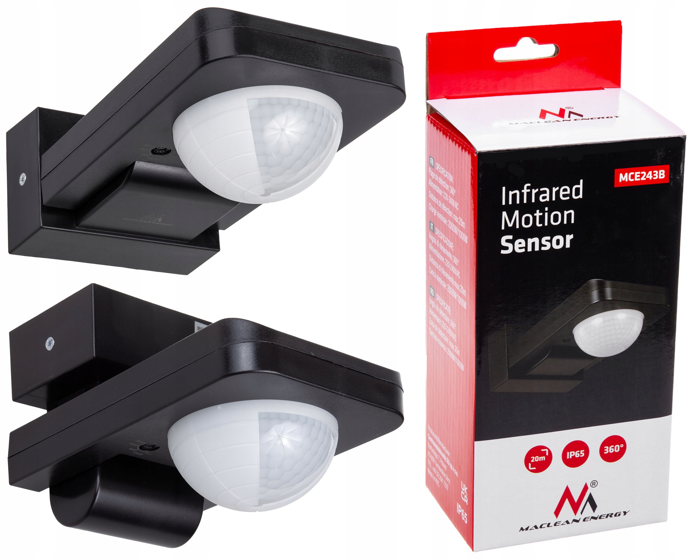 Sensor czujnik ruchu 360 stopni zewnętrzny do LED IP65 Maclean MCE243 B Kolor czarny