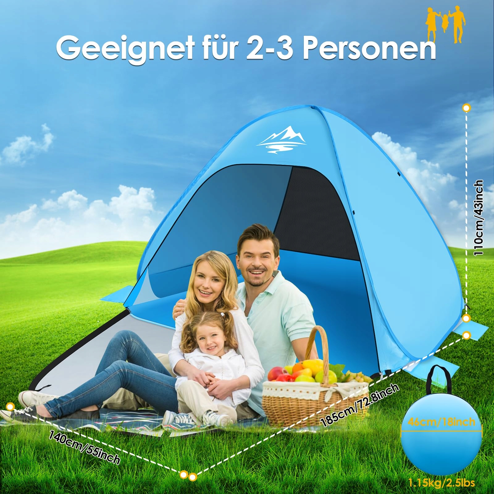 MAXDONE Namiot Plażowy Pop Up Dla 2-3 Osób UV50+ Lekki Przenośny — miniatura 6